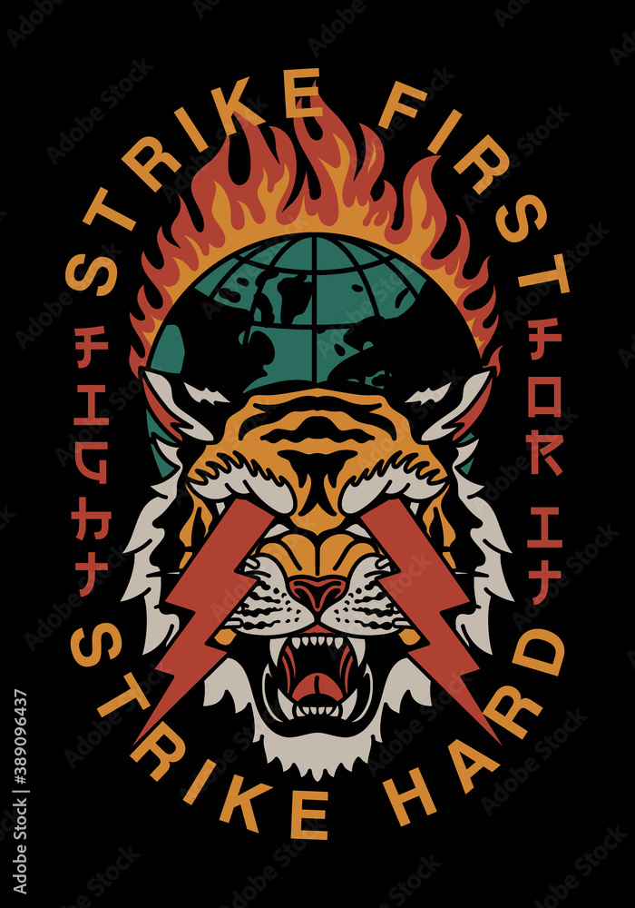 Lightning Eyes Tiger and Burning Globe Illustration with Slogans Vector Artwork on Black Background for Apparel and Other Uses Lightning Eyes Tiger and Burning Globe Illustration with Slogans Vector Artwork on Black Background for Apparel and Other Uses