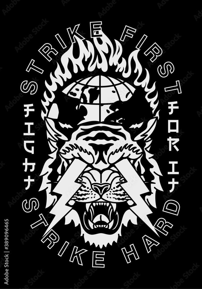 B&W Lightning Eyes Tiger and Burning Globe Illustration with Slogans Vector Artwork on Black Background for Apparel and Other Uses