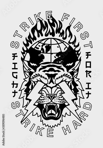 B&W Lightning Eyes Tiger and Burning Globe Illustration with Slogans Vector Artwork on White Background for Apparel and Other Uses