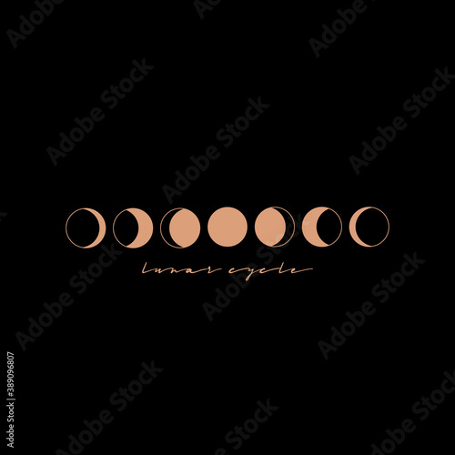 Moon phases icon night space astronomy and nature moon phases sphere shadow. The whole cycle from new moon to full moon. Vector emblem in a minimal linear style.