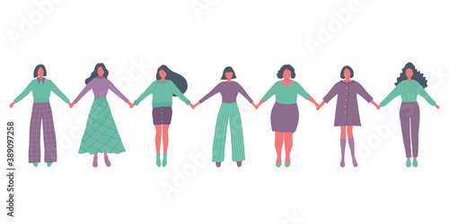 Women are holding hands. International Women's Day concept. Women's community. Female solidarity. Vector illustration