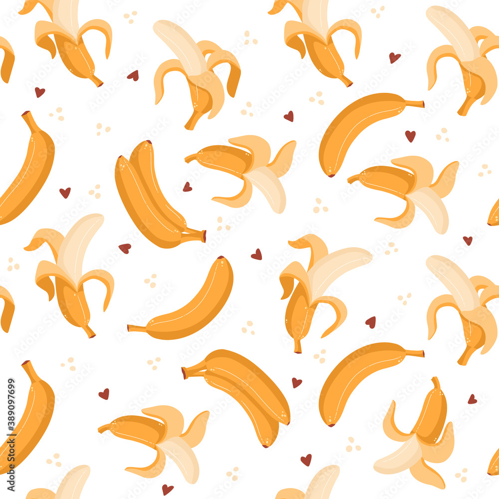 Seamless bananas pattern with hearts and dots. Vector yellow fruit pattern template. Seamless bananas pattern with hearts and dots. Vector yellow fruit pattern template.