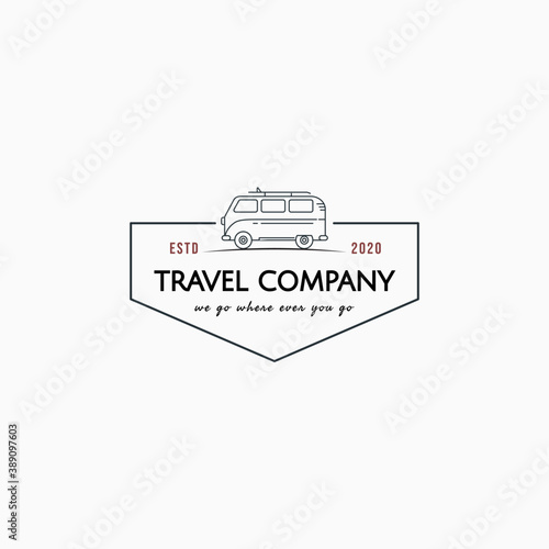 Line art travel van vintage logo emblem vector illustration design
