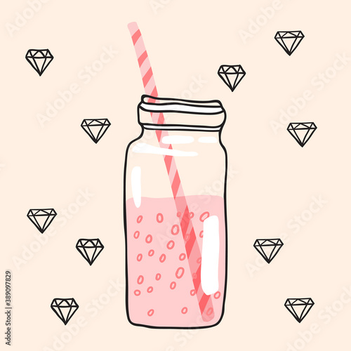 Smoothie strawberry in jar, pink healthy vector illustration.