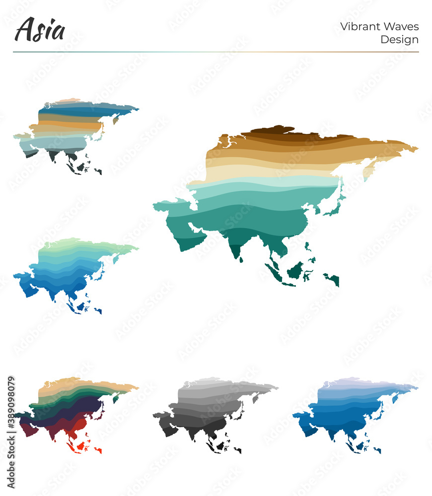 Fototapeta premium Set of vector maps of Asia. Vibrant waves design. Bright map of continent in geometric smooth curves style. Multicolored Asia map for your design. Appealing vector illustration.