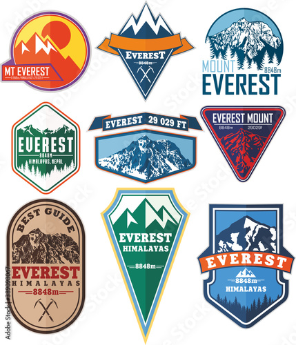 set of Vector Everest mountain logo. Emblem with highest peack in world. Mountaineering label illustration