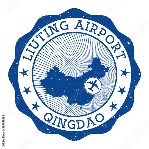 Liuting Airport Qingdao stamp. Airport of Qingdao round logo with location on China map marked by airplane. Vector illustration. photo