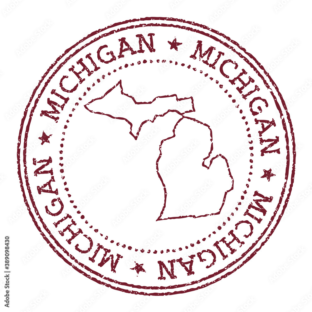 Michigan round rubber stamp with US state map. Vintage red passport stamp with circular text and stars, vector illustration. Michigan round rubber stamp with US state map. Vintage red passport stamp with circular text and stars, vector illustration.