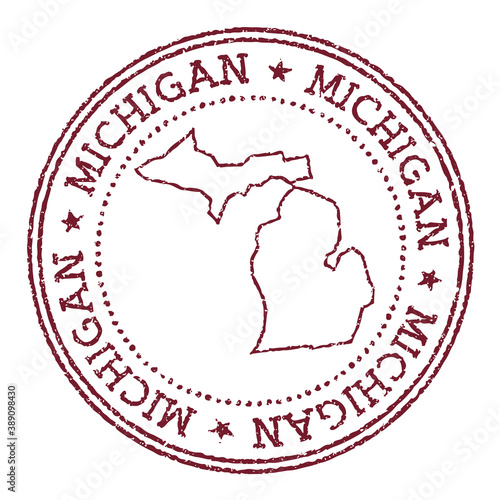 Michigan round rubber stamp with us state map. Vintage red passport stamp with circular text and stars, vector illustration.