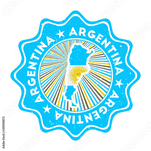 Argentina round grunge stamp with country map and country flag. Vintage badge with circular text and stars, vector illustration.