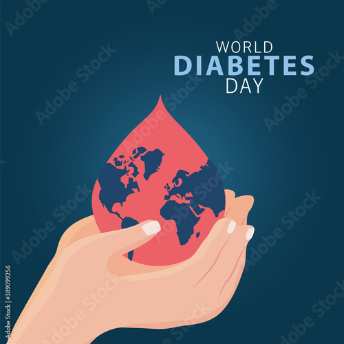 world diabetes day campaign with hands lifting earth planet in blood drop