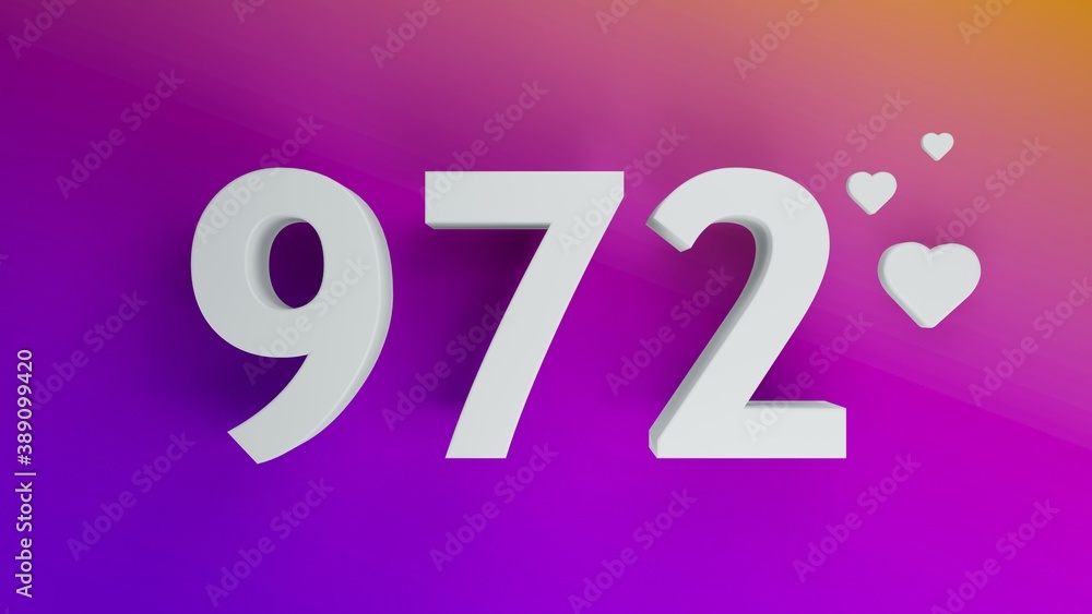 Number 972 in white on purple and orange gradient background, social media isolated number 3d render