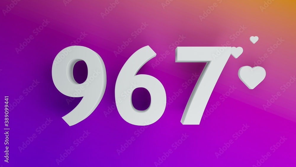 Number 967 in white on purple and orange gradient background, social media isolated number 3d render