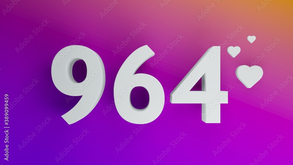 Number 964 in white on purple and orange gradient background, social media isolated number 3d render Number 964 in white on purple and orange gradient background, social media isolated number 3d render