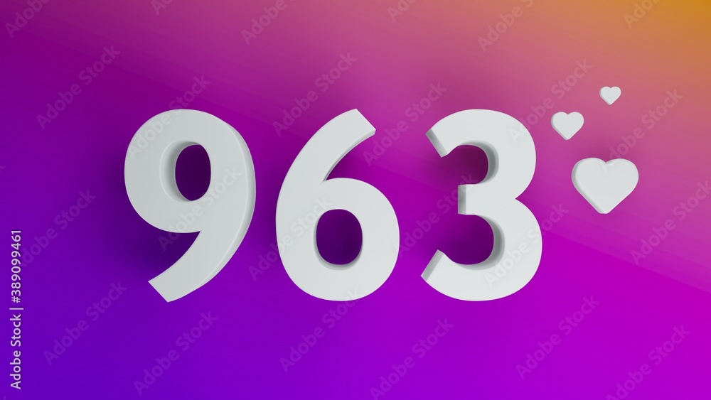Number 963 in white on purple and orange gradient background, social media isolated number 3d render Number 963 in white on purple and orange gradient background, social media isolated number 3d render