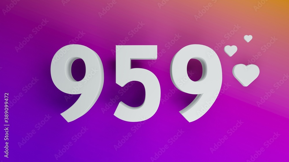 Number 959 in white on purple and orange gradient background, social media isolated number 3d render Number 959 in white on purple and orange gradient background, social media isolated number 3d render