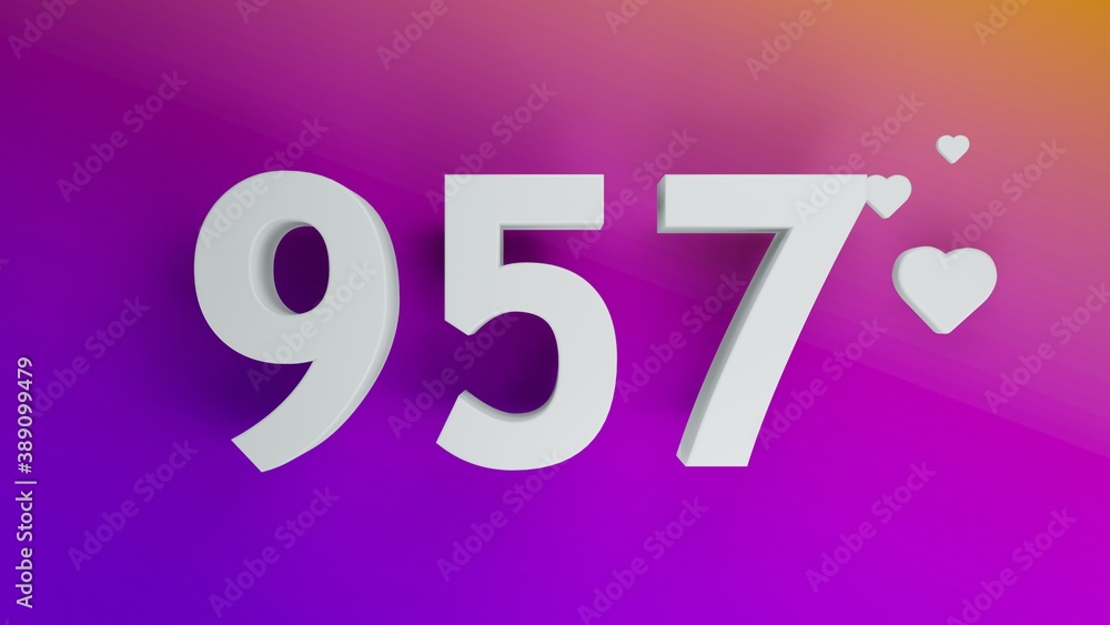 Number 957 in white on purple and orange gradient background, social media isolated number 3d render Number 957 in white on purple and orange gradient background, social media isolated number 3d render