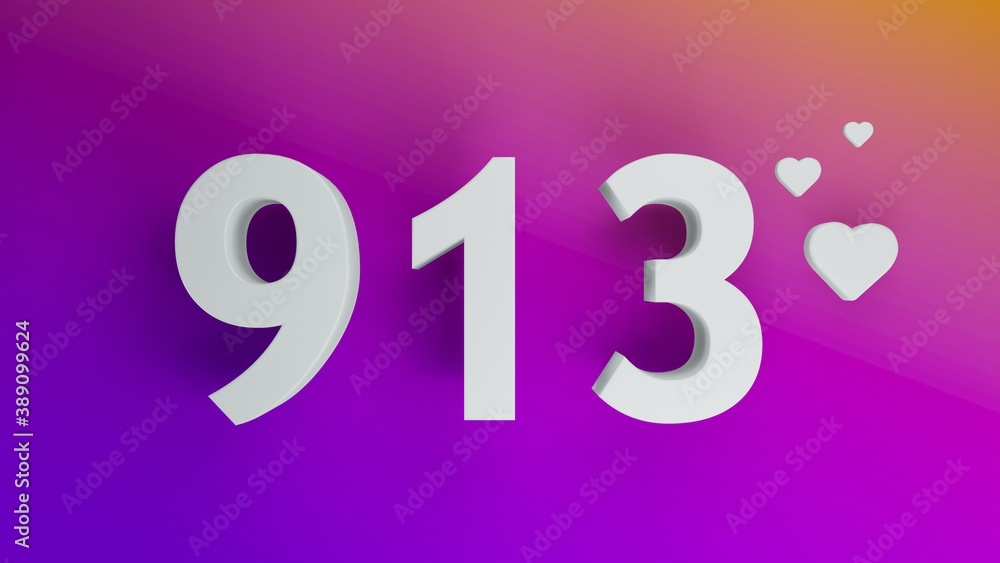 Number 913 in white on purple and orange gradient background, social media isolated number 3d render