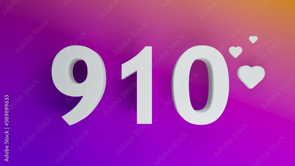 Number 910 in white on purple and orange gradient background, social media isolated number 3d render