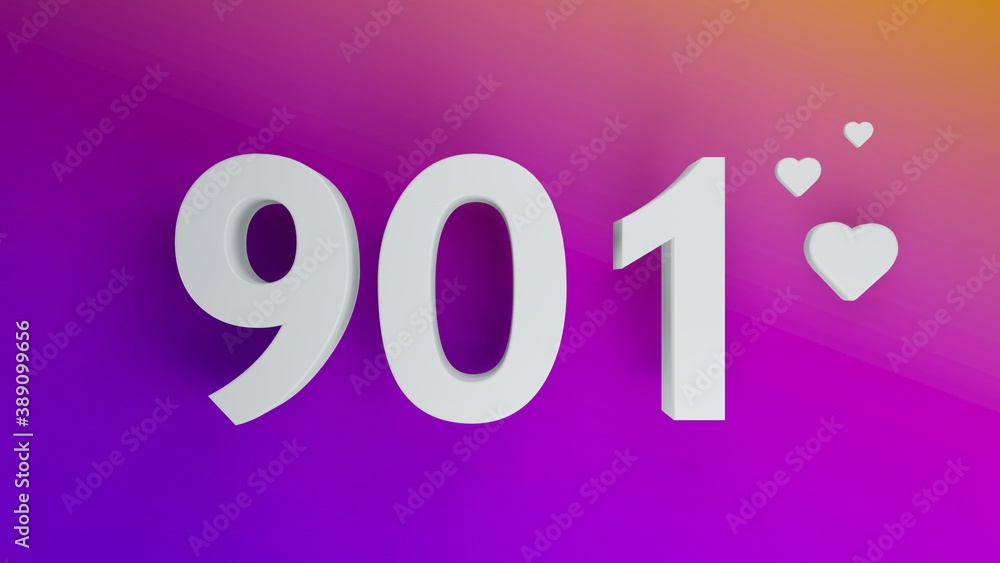 Number 901 in white on purple and orange gradient background, social media isolated number 3d render