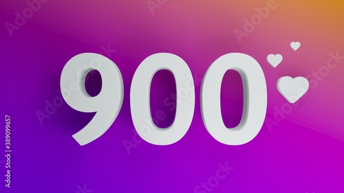 Number 900 in white on purple and orange gradient background, social media isolated number 3d render