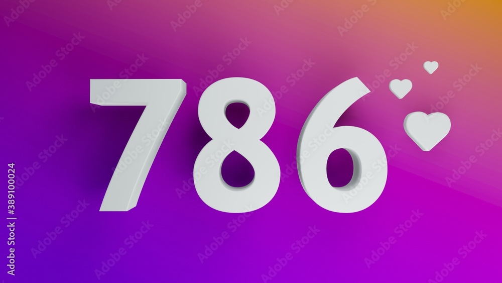 Number 786 in white on purple and orange gradient background, social media isolated number 3d render