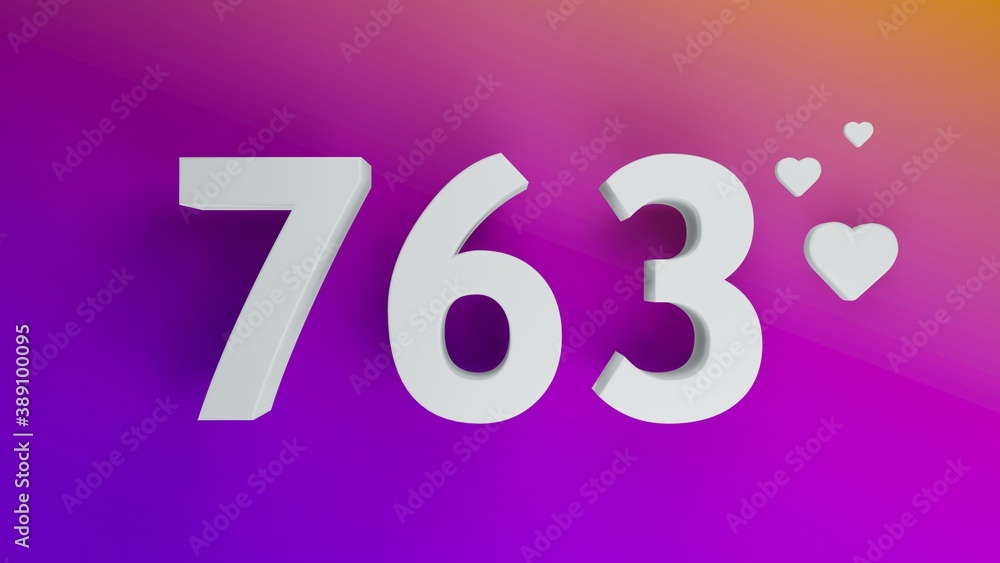 Number 763 in white on purple and orange gradient background, social media isolated number 3d render Number 763 in white on purple and orange gradient background, social media isolated number 3d render