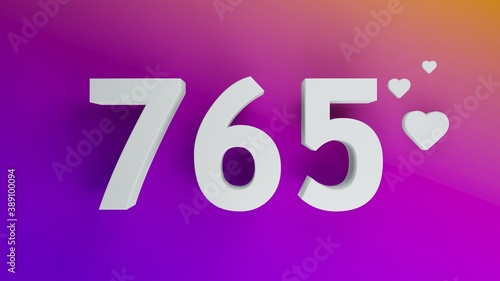 Number 765 in white on purple and orange gradient background, social media isolated number 3d render