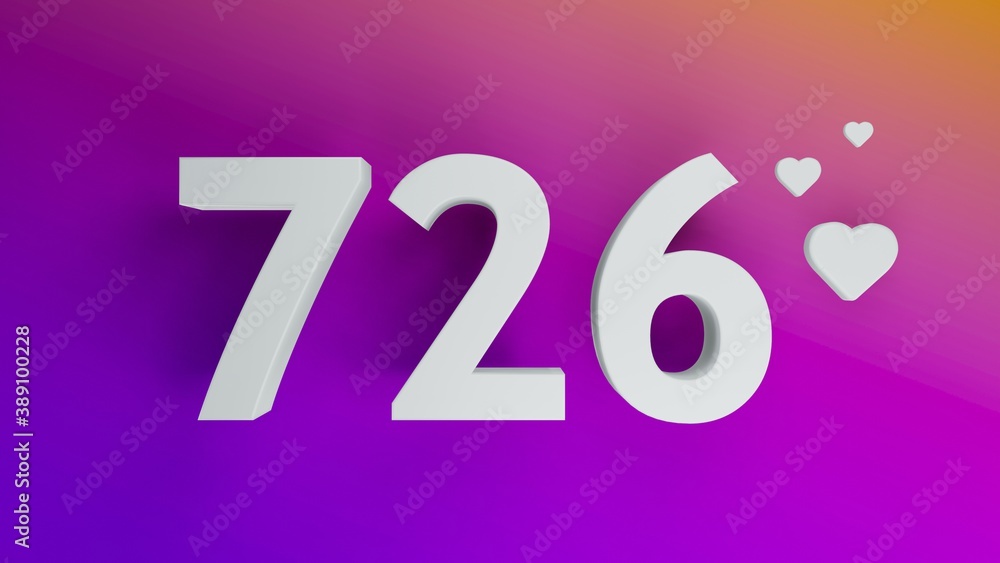 Number 726 in white on purple and orange gradient background, social media isolated number 3d render