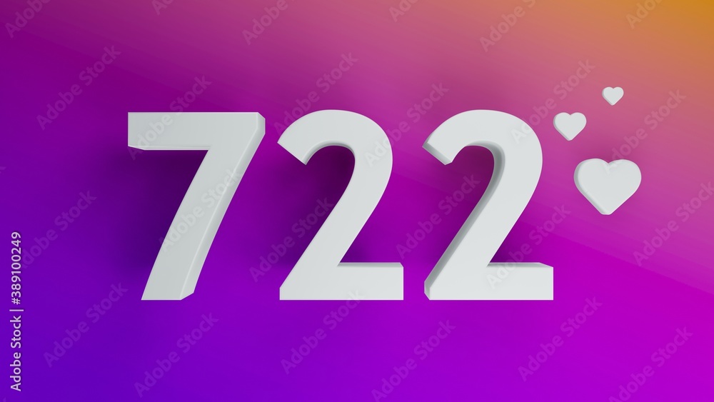 Number 722 in white on purple and orange gradient background, social media isolated number 3d render