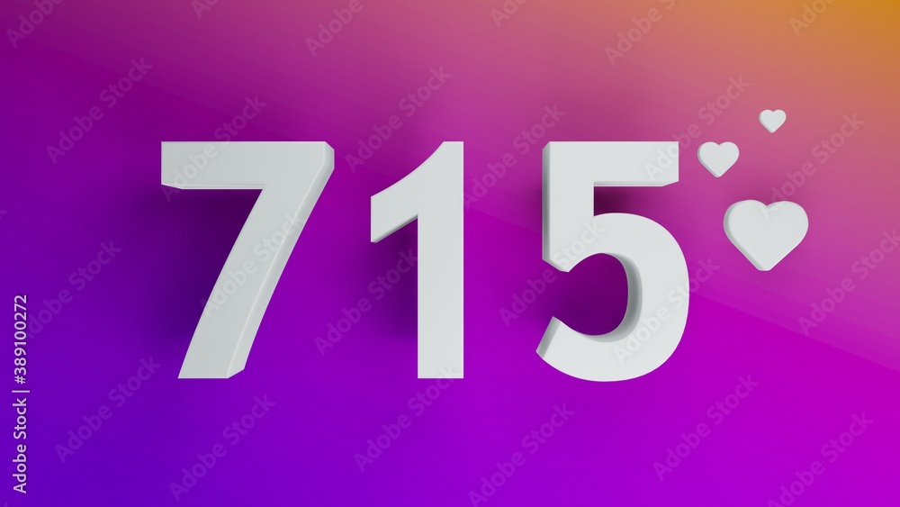 Number 715 in white on purple and orange gradient background, social media isolated number 3d render