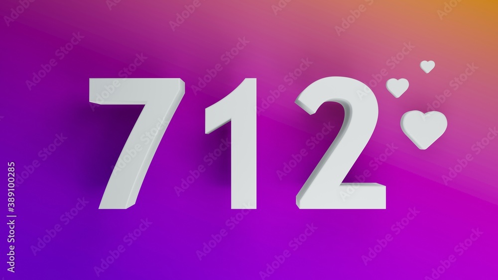 Number 712 in white on purple and orange gradient background, social media isolated number 3d render