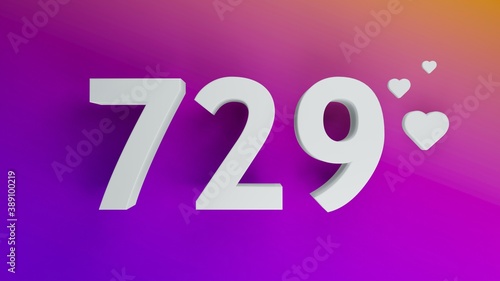 Number 729 in white on purple and orange gradient background, social media isolated number 3d render