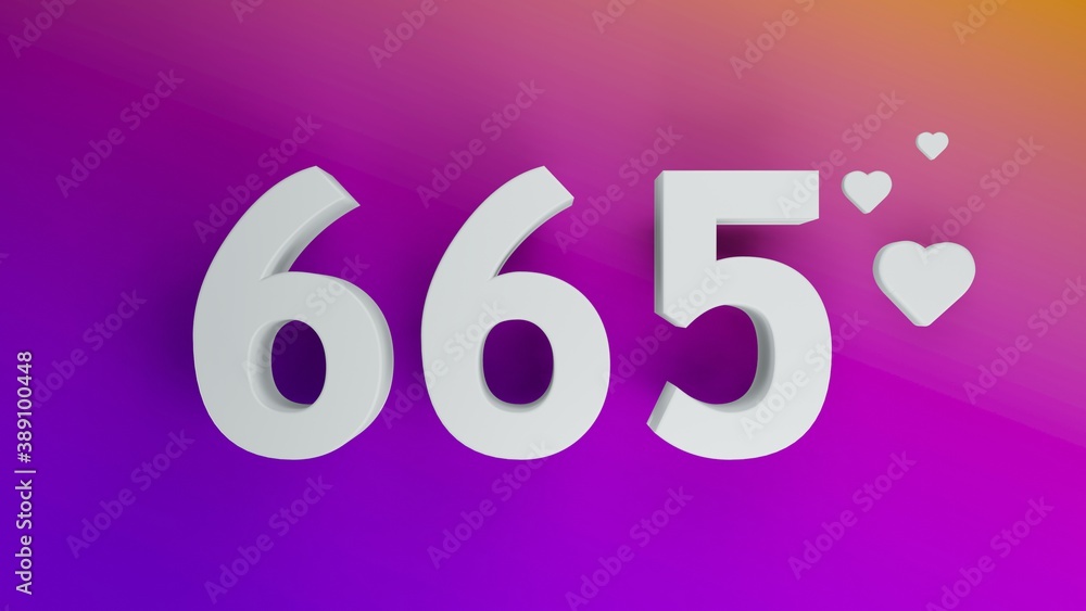 Number 665 in white on purple and orange gradient background, social media isolated number 3d render Number 665 in white on purple and orange gradient background, social media isolated number 3d render
