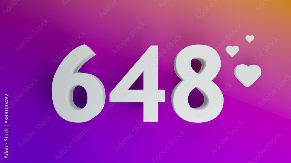 Number 648 in white on purple and orange gradient background, social media isolated number 3d render