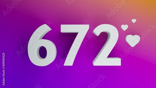 Number 672 in white on purple and orange gradient background, social media isolated number 3d render