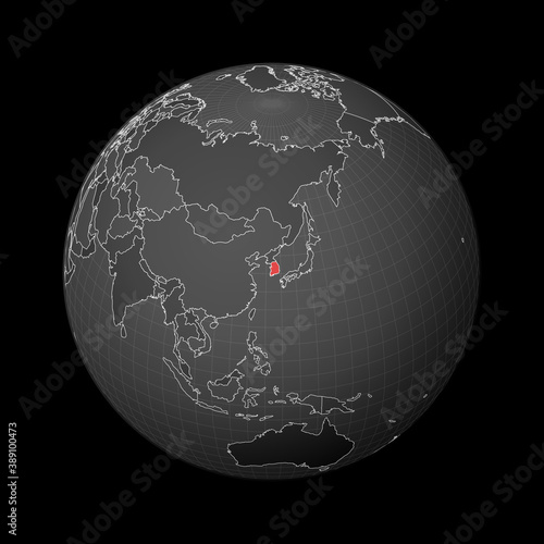 Dark globe centered on South Korea. Country highlighted with red color on world map. Satellite world projection. Trendy vector illustration.