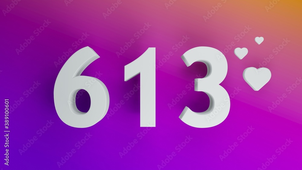 Number 613 in white on purple and orange gradient background, social media isolated number 3d render
