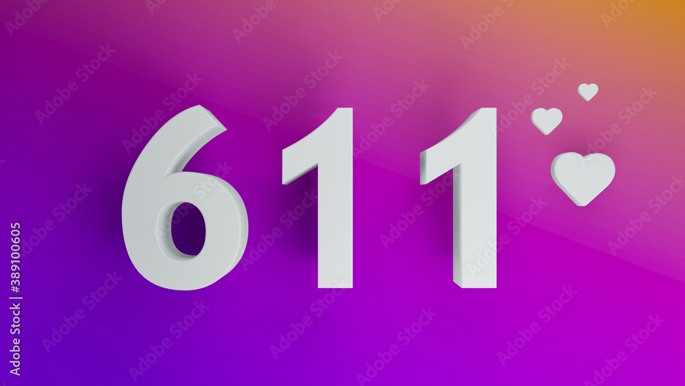 Number 611 in white on purple and orange gradient background, social media isolated number 3d render
