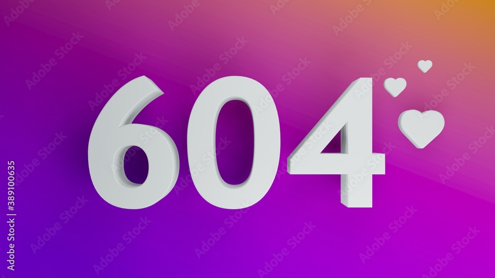 Number 604 in white on purple and orange gradient background, social media isolated number 3d render