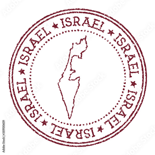 Israel round rubber stamp with country map. Vintage red passport stamp with circular text and stars, vector illustration.