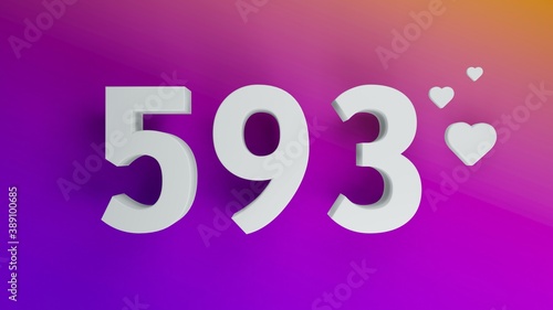 Number 593 in white on purple and orange gradient background, social media isolated number 3d render