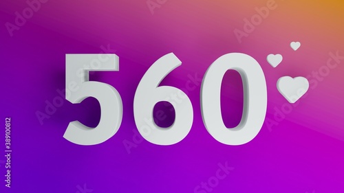 Number 560 in white on purple and orange gradient background, social media isolated number 3d render