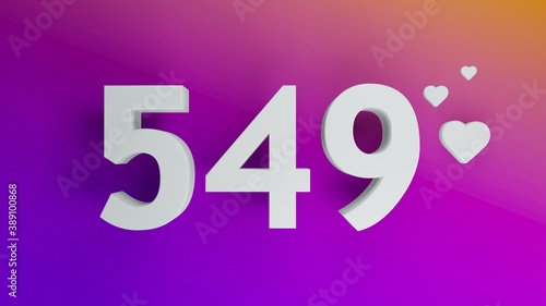 Number 549 in white on purple and orange gradient background, social media isolated number 3d render