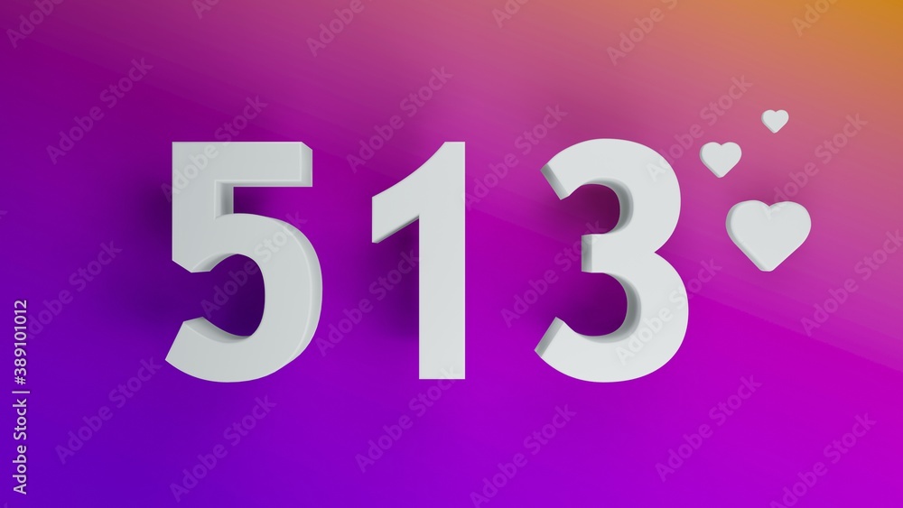 Number 513 in white on purple and orange gradient background, social media isolated number 3d render