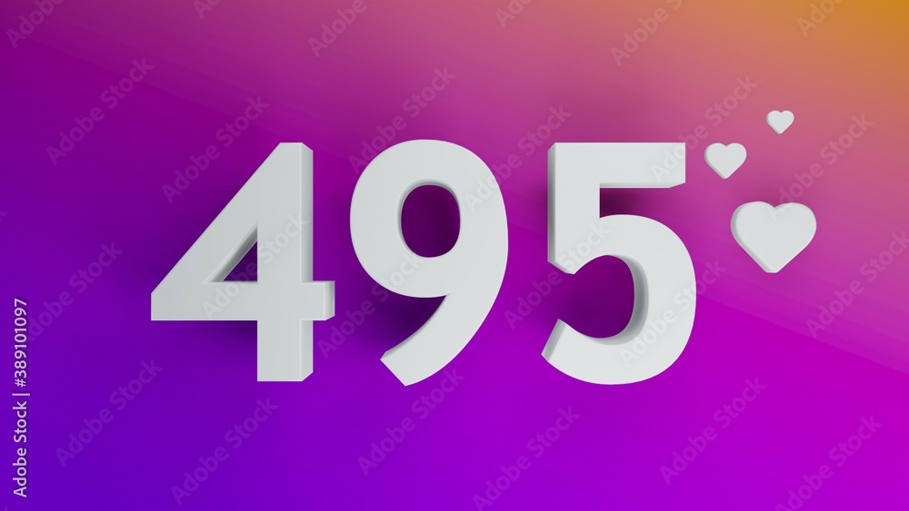 Number 495 in white on purple and orange gradient background, social media isolated number 3d render