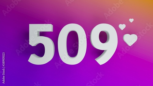 Number 509 in white on purple and orange gradient background, social media isolated number 3d render