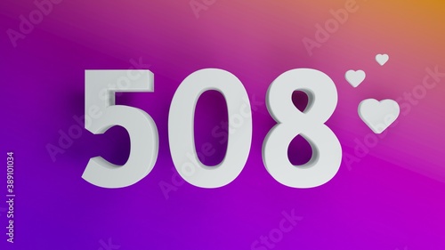 Number 508 in white on purple and orange gradient background, social media isolated number 3d render