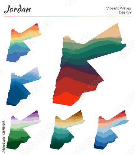 Set of vector maps of Jordan. Vibrant waves design. Bright map of the country in geometric smooth curves style. Multicolored Jordan map for your design. Trendy vector illustration.