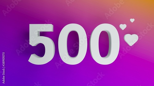 Number 500 in white on purple and orange gradient background, social media isolated number 3d render